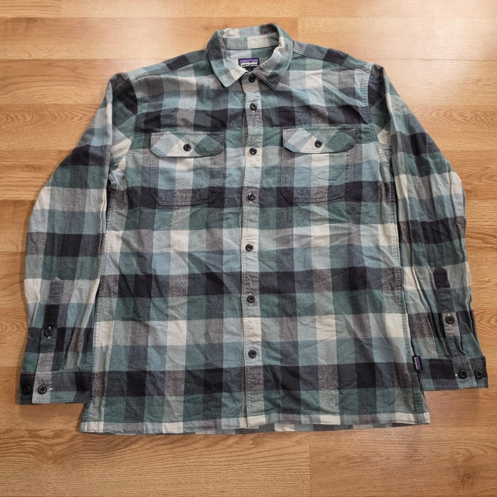 Patagonia Fjord Flannel Shirt Mens Large Blue Plaid Organic Long Sleeve 42400